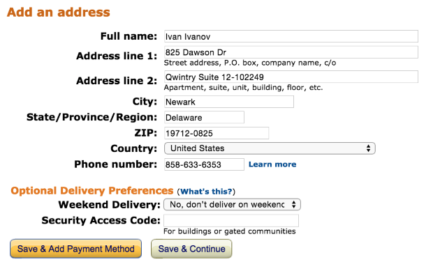 Пример заполнения адреса на Amazon.com